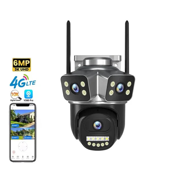 6 MP 4K 3 Lens Smart Water Proof Outdoor PTZ 360 IP Camera V380 Pro Wireless WiFi Surveil CCTV Security Network Camera
