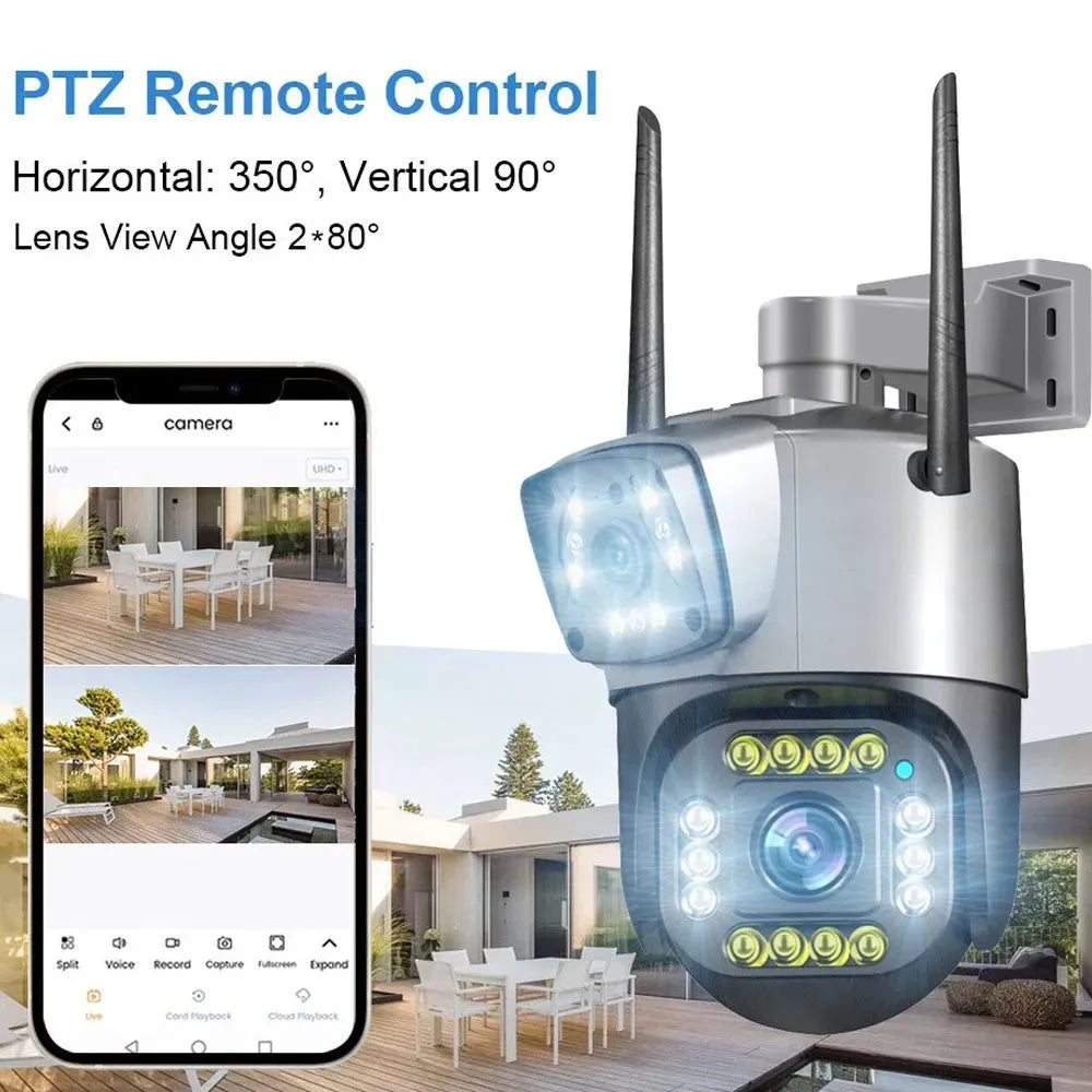 PTZ WIFI OUTDOOR DURAL LENS 2MP+2MP 4MP IN TOTAL DURAL IR LED COLORVU NIGHT VISION APP V380 PRO