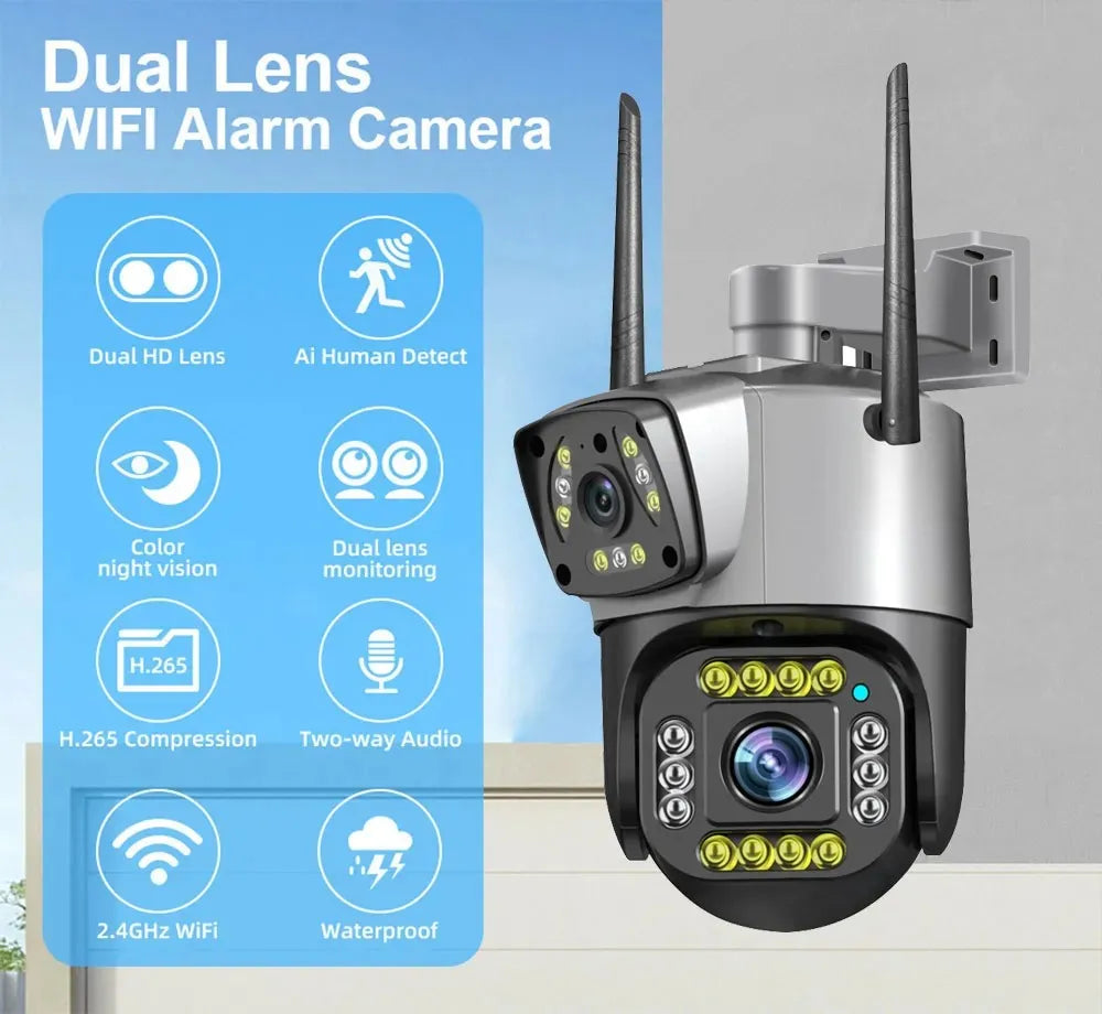 PTZ WIFI OUTDOOR DURAL LENS 2MP+2MP 4MP IN TOTAL DURAL IR LED COLORVU NIGHT VISION APP V380 PRO