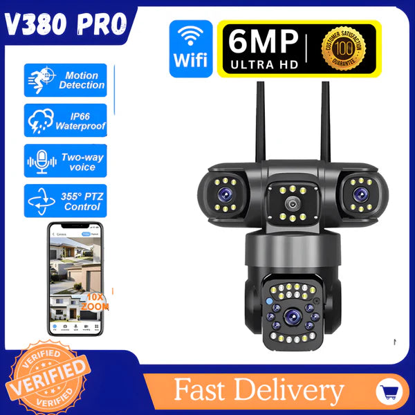 V380 PRO Three Lens WiFi IP Camera HD 2MP+2MP+2MP Outdoor Waterproof Two Way Intercom Full Color Night Vision PTZ CCTV Security Camera